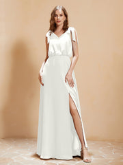 A-Line V-neck Floor-length Dress With Silt Ivory Plus Size