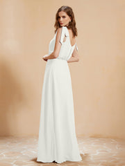 A-Line V-neck Floor-length Dress With Silt Ivory