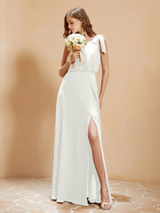A-Line V-neck Floor-length Dress With Silt Ivory