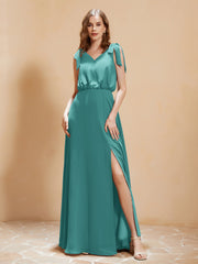 A-Line V-neck Floor-length Dress With Silt Jade Plus Size