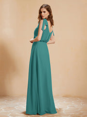 A-Line V-neck Floor-length Dress With Silt Jade Plus Size