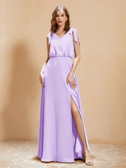 A-Line V-neck Floor-length Dress With Silt Lilac