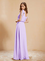 A-Line V-neck Floor-length Dress With Silt Lilac