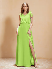 A-Line V-neck Floor-length Dress With Silt Lime Green