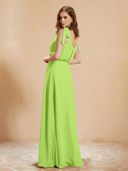A-Line V-neck Floor-length Dress With Silt Lime Green