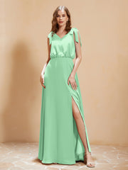 A-Line V-neck Floor-length Dress With Silt Mint Green