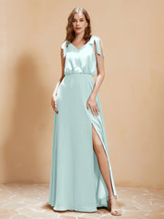 A-Line V-neck Floor-length Dress With Silt Mist Plus Size
