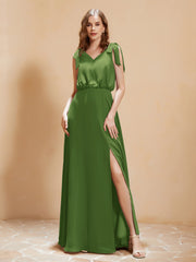A-Line V-neck Floor-length Dress With Silt Moss