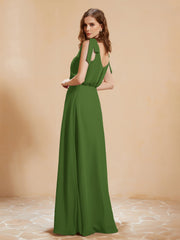 A-Line V-neck Floor-length Dress With Silt Moss
