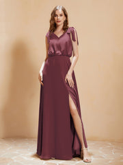 A-Line V-neck Floor-length Dress With Silt Mulberry