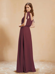 A-Line V-neck Floor-length Dress With Silt Mulberry