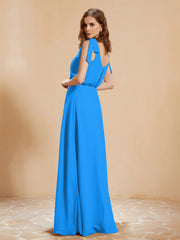 A-Line V-neck Floor-length Dress With Silt Ocean Blue