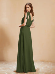 A-Line V-neck Floor-length Dress With Silt Olive Green