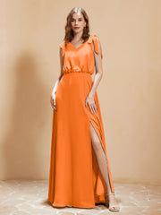 A-Line V-neck Floor-length Dress With Silt Orange Plus Size