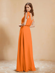 A-Line V-neck Floor-length Dress With Silt Orange Plus Size