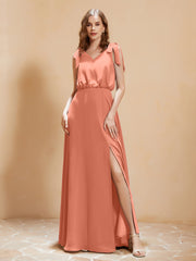 A-Line V-neck Floor-length Dress With Silt Papaya