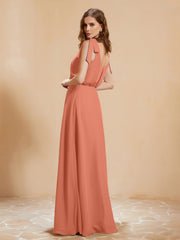 A-Line V-neck Floor-length Dress With Silt Papaya