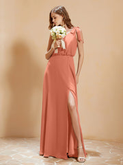 A-Line V-neck Floor-length Dress With Silt Papaya