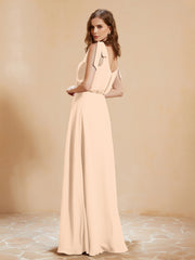 A-Line V-neck Floor-length Dress With Silt Peach Plus Size