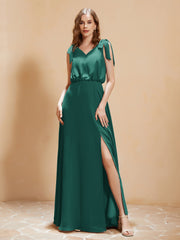 A-Line V-neck Floor-length Dress With Silt Peacock
