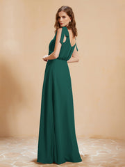 A-Line V-neck Floor-length Dress With Silt Peacock