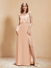A-Line V-neck Floor-length Dress With Silt Pearl Pink