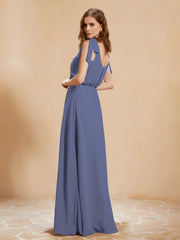 A-Line V-neck Floor-length Dress With Silt Periwinkle Plus Size