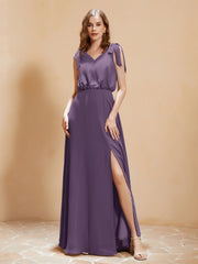 A-Line V-neck Floor-length Dress With Silt Plum
