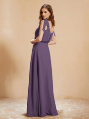 A-Line V-neck Floor-length Dress With Silt Plum Plus Size