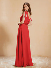 A-Line V-neck Floor-length Dress With Silt Red