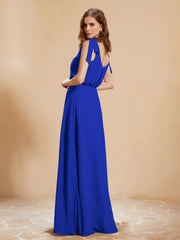 A-Line V-neck Floor-length Dress With Silt Royal Blue Plus Size