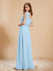 A-Line V-neck Floor-length Dress With Silt Sky Blue