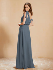 A-Line V-neck Floor-length Dress With Silt Slate Blue