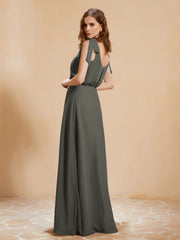 A-Line V-neck Floor-length Dress With Silt Steel Grey