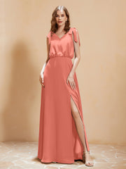 A-Line V-neck Floor-length Dress With Silt Sunset