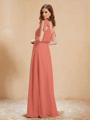 A-Line V-neck Floor-length Dress With Silt Sunset