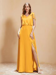 A-Line V-neck Floor-length Dress With Silt Tangerine Plus Size