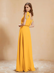 A-Line V-neck Floor-length Dress With Silt Tangerine