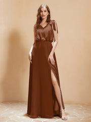 A-Line V-neck Floor-length Dress With Silt Terracotta