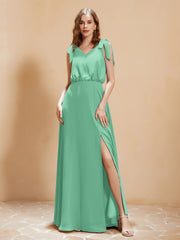 A-Line V-neck Floor-length Dress With Silt Turquoise
