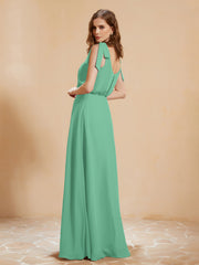 A-Line V-neck Floor-length Dress With Silt Turquoise