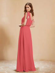 A-Line V-neck Floor-length Dress With Silt Watermelon