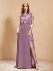 A-Line V-neck Floor-length Dress With Silt Wisteria