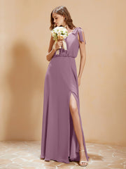 A-Line V-neck Floor-length Dress With Silt Wisteria