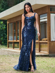 Sheath/Column Sparkling Sequins Gown with Slit Dark Navy