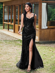 Sheath/Column Sparkling Sequins Gown with Slit Black