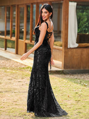 Sheath/Column Sparkling Sequins Gown with Slit Black