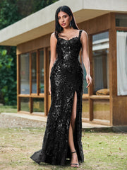 Sheath/Column Sparkling Sequins Gown with Slit Black