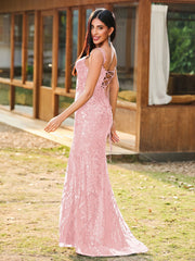 Sheath/Column Sparkling Sequins Gown with Slit Blushing Pink