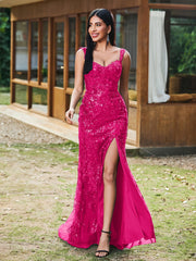 Sheath/Column Sparkling Sequins Gown with Slit Fuchsia